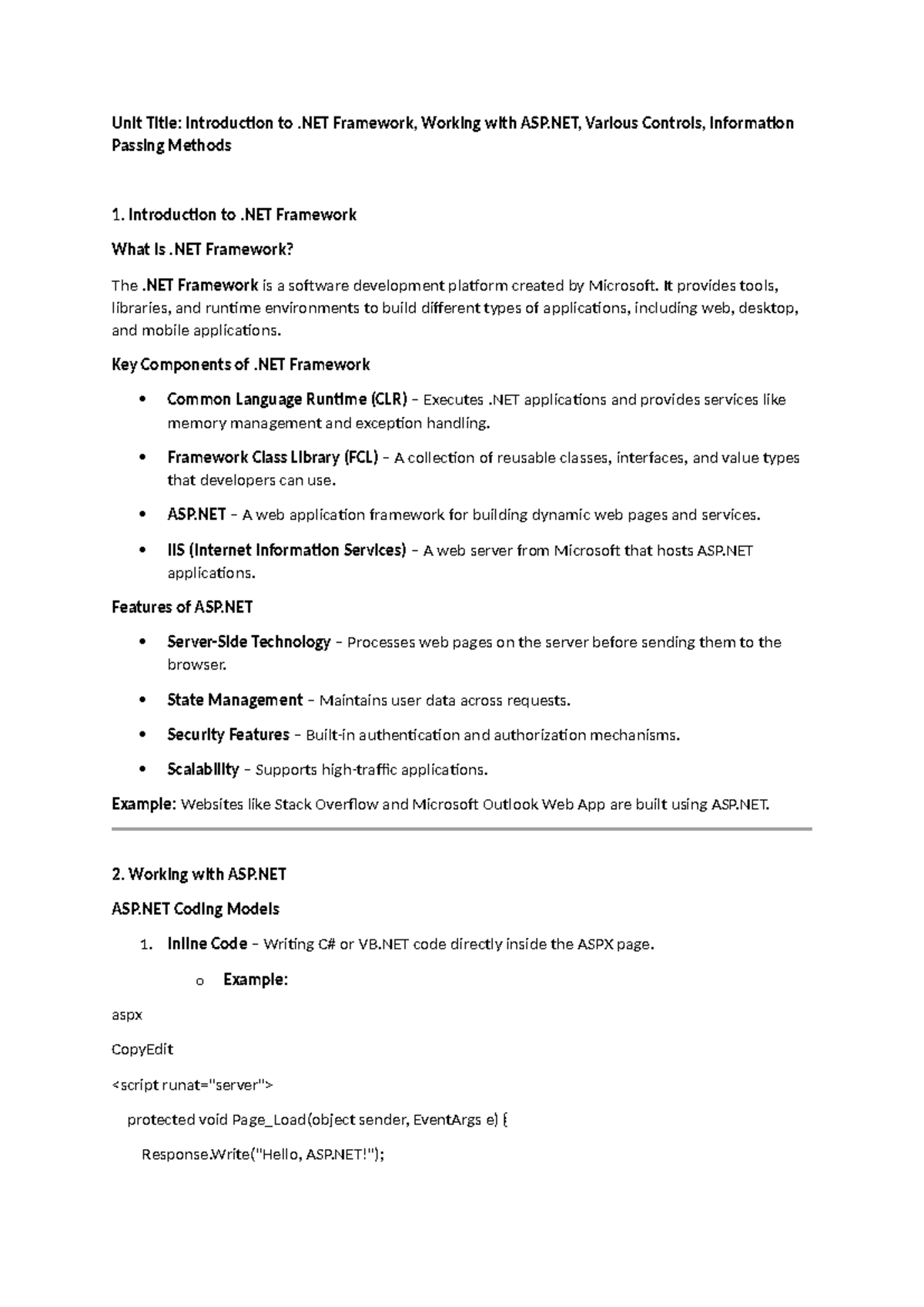 Asp - its asyllabus summary. - Unit Title: Introduction to .NET ...