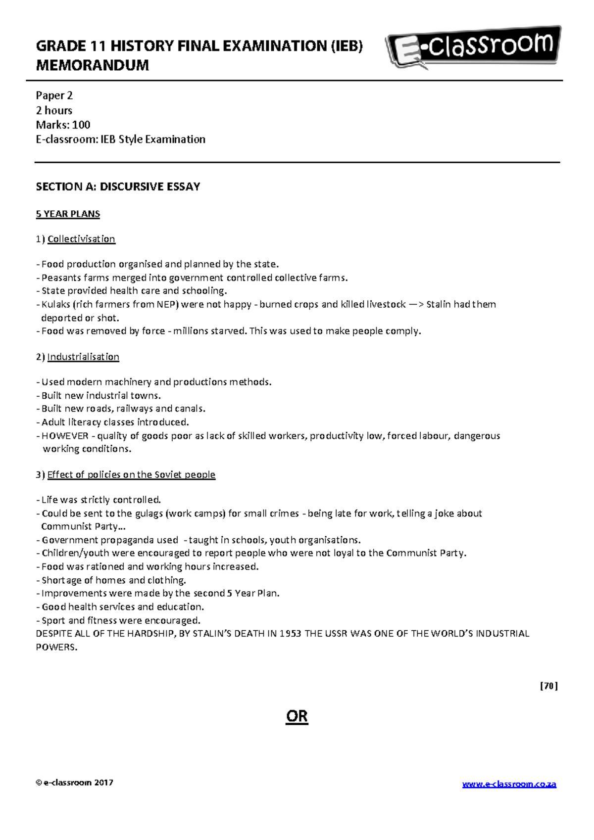 Grade 11 History P2 Exam Memorandum: Key Themes and Insights - Studocu