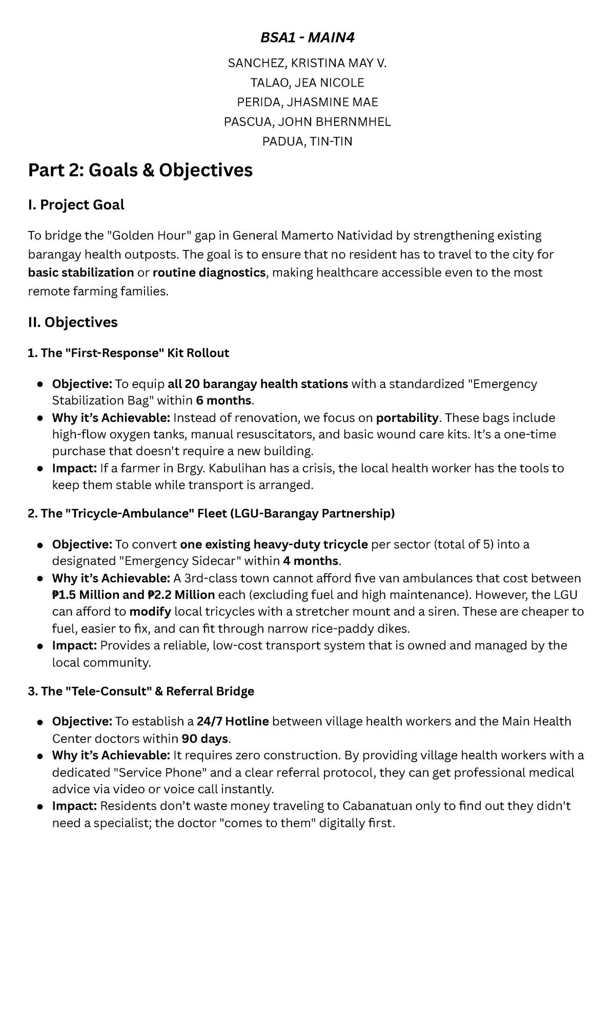 BSA1 MAIN4 Project Goals & Objectives for Barangay Health Outposts ...