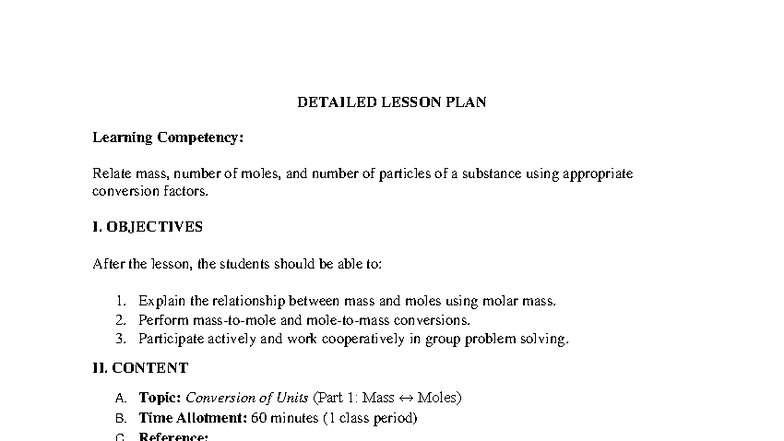 DETAILED LESSON PLAN: Mass, Moles, and Particles (Grade 9) - Studocu