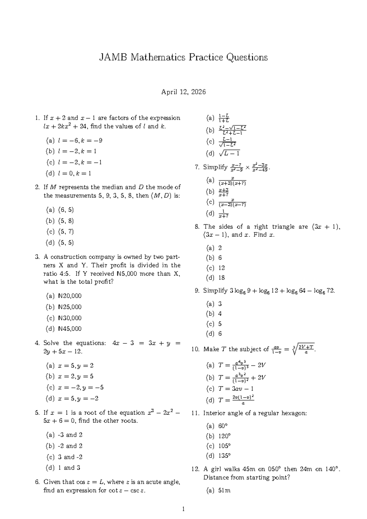 JAMB Mathematics Practice Questions - Quick Worksheet for Concepts ...