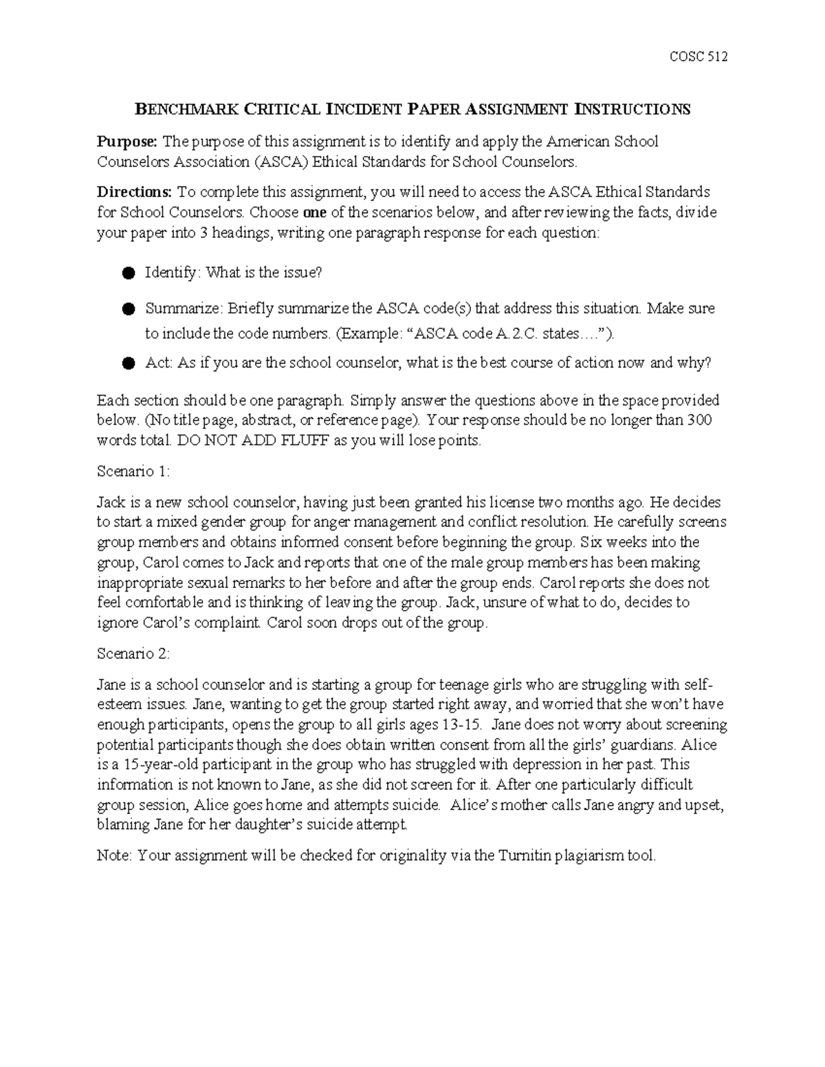 COSC 512: Benchmark Critical Incident Paper Assignment Guide - Studocu