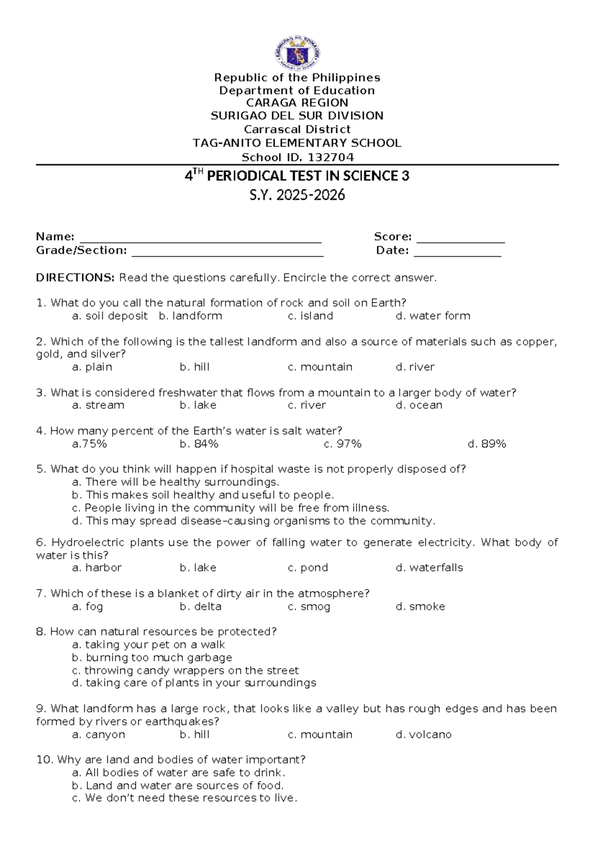 4TH PERIODICAL TEST IN SCIENCE 3 S.Y. DTC PT - Studocu