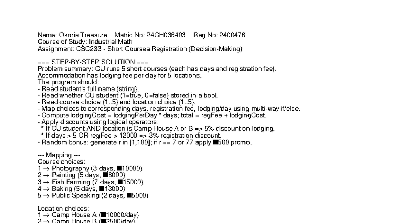 CSC233 Assignment: Short Courses Registration Solution by Okorie ...