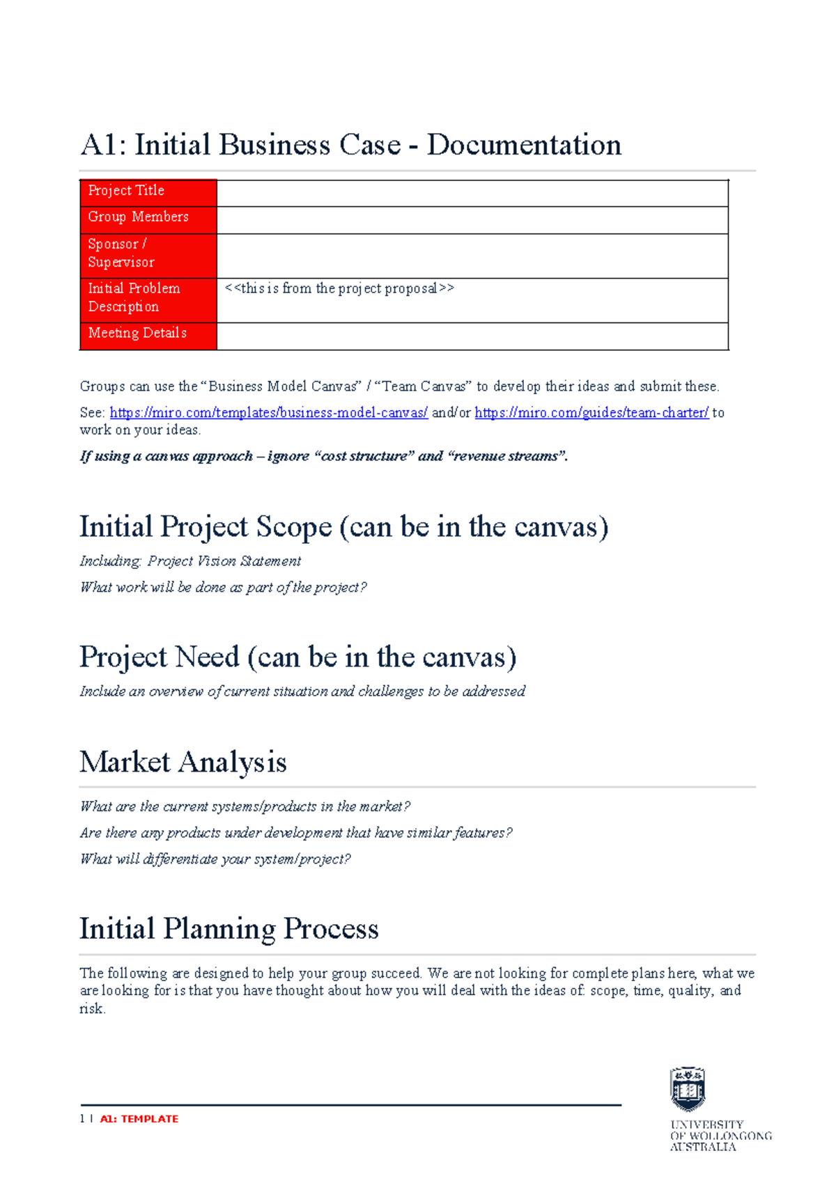 assignment one 2025 - 1 | A1: TEMPLATE A1: Initial Business Case ...