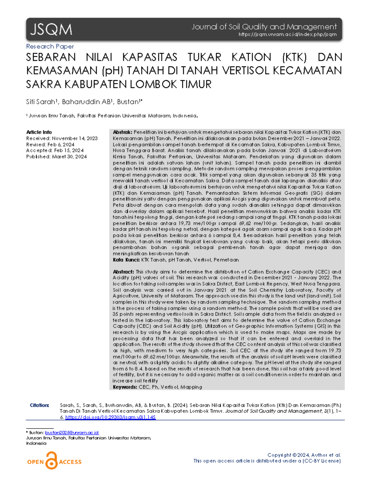 Sebaran KTK dan pH Tanah Vertisol di Kecamatan Sakra, Lombok Timur ...