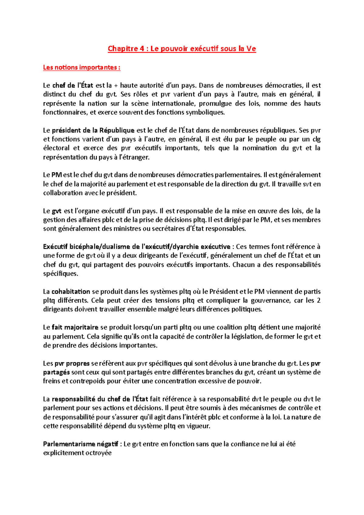 Chapitre 4 : Le Pouvoir Exécutif sous la Ve République - Cours - Studocu
