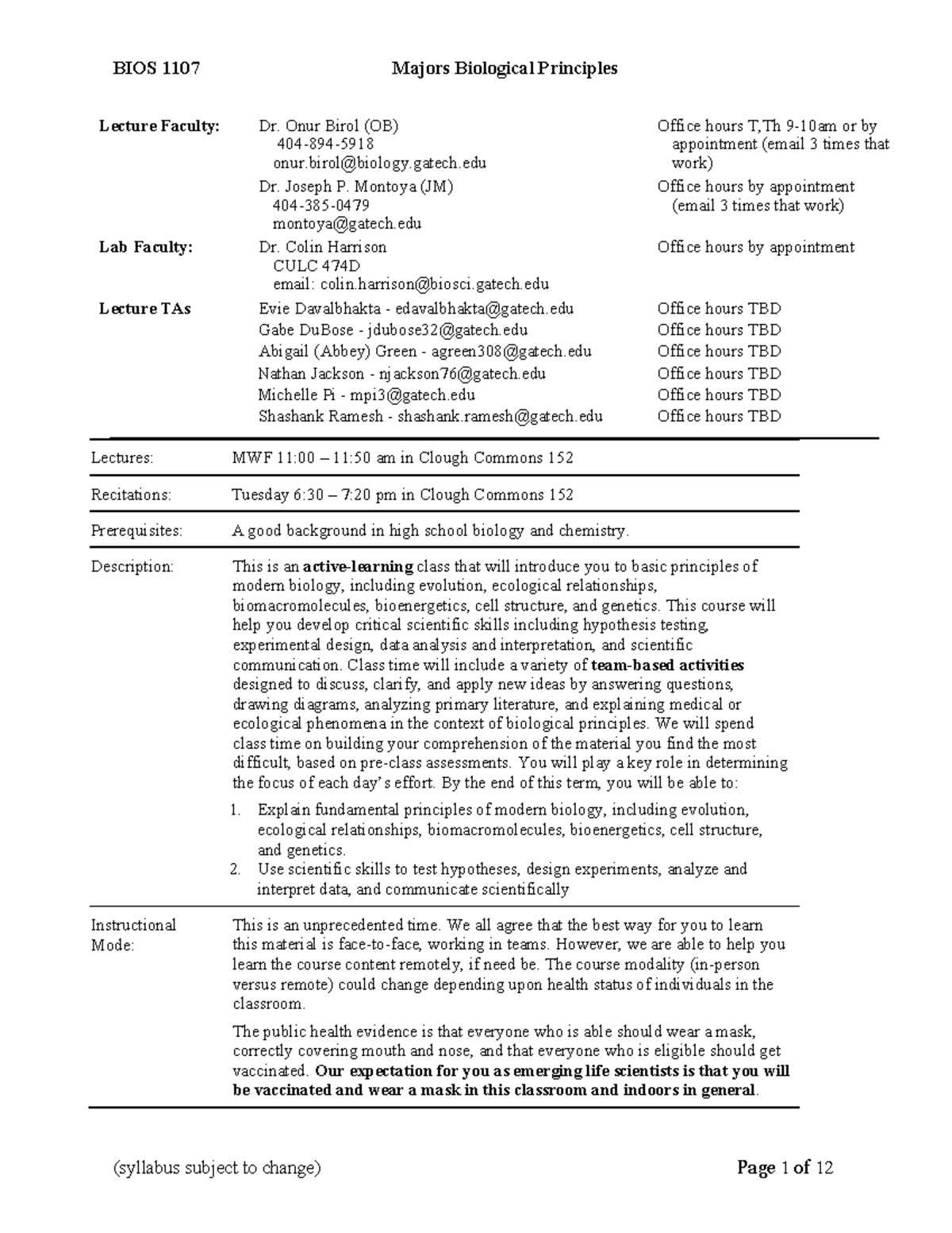 BIOS 1107 F22 Syllabus: Modern Biology Course Overview and Details ...