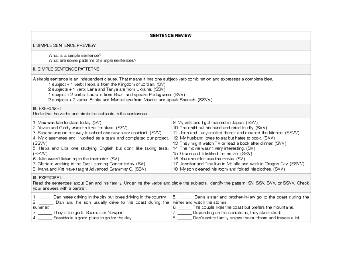CEN 101: Simple Sentence Patterns and Exercises Overview - Studocu