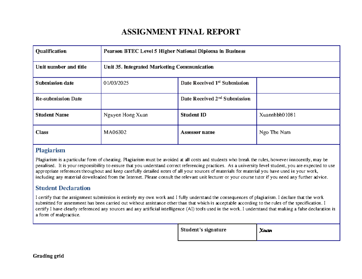 Nguyen Hong Xuan BH01081 MA06302 Integrated Marketing Comm Report - Studocu