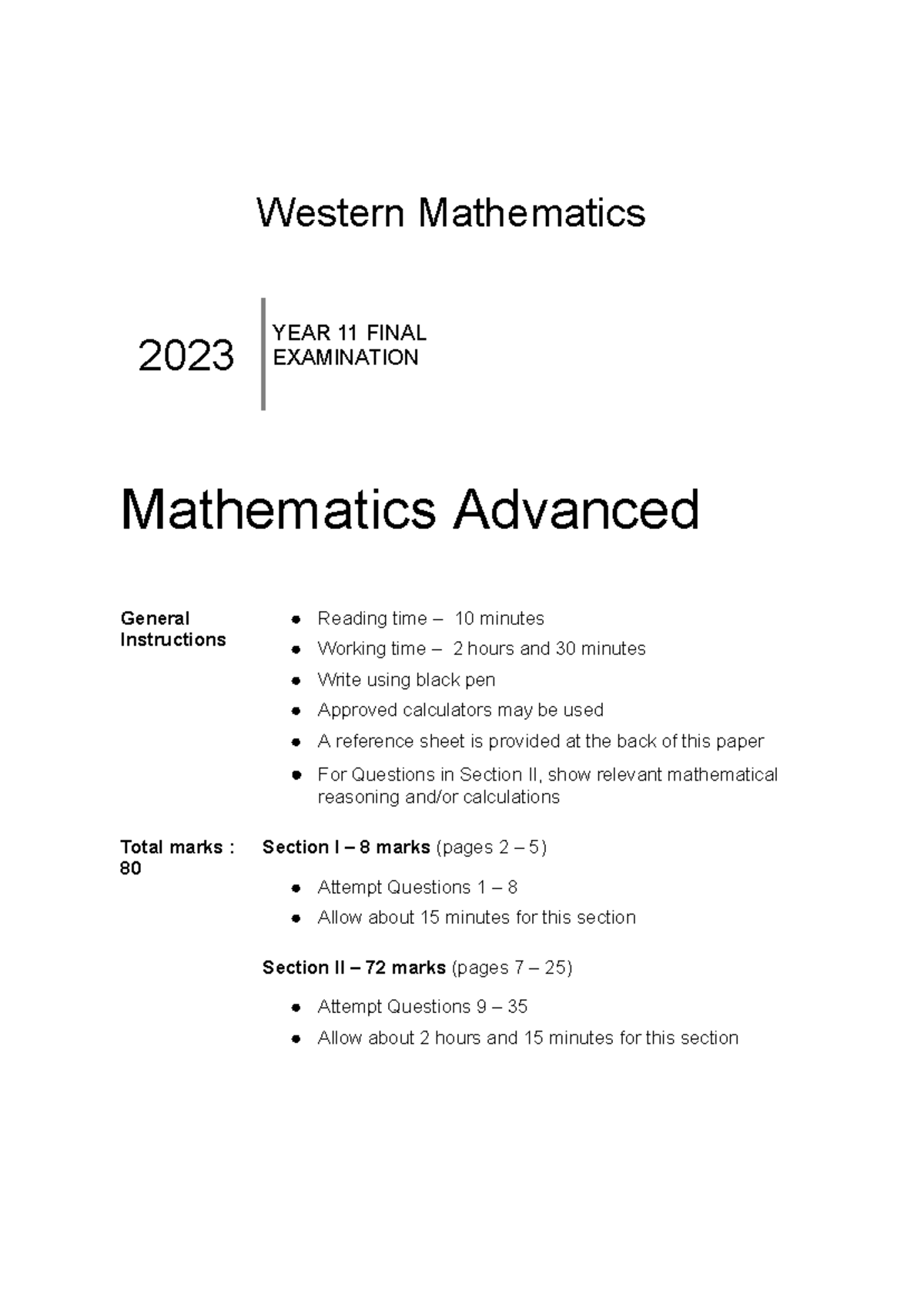 2023 HSC Mathematics Advanced Year 11 Final Exam Paper - Studocu