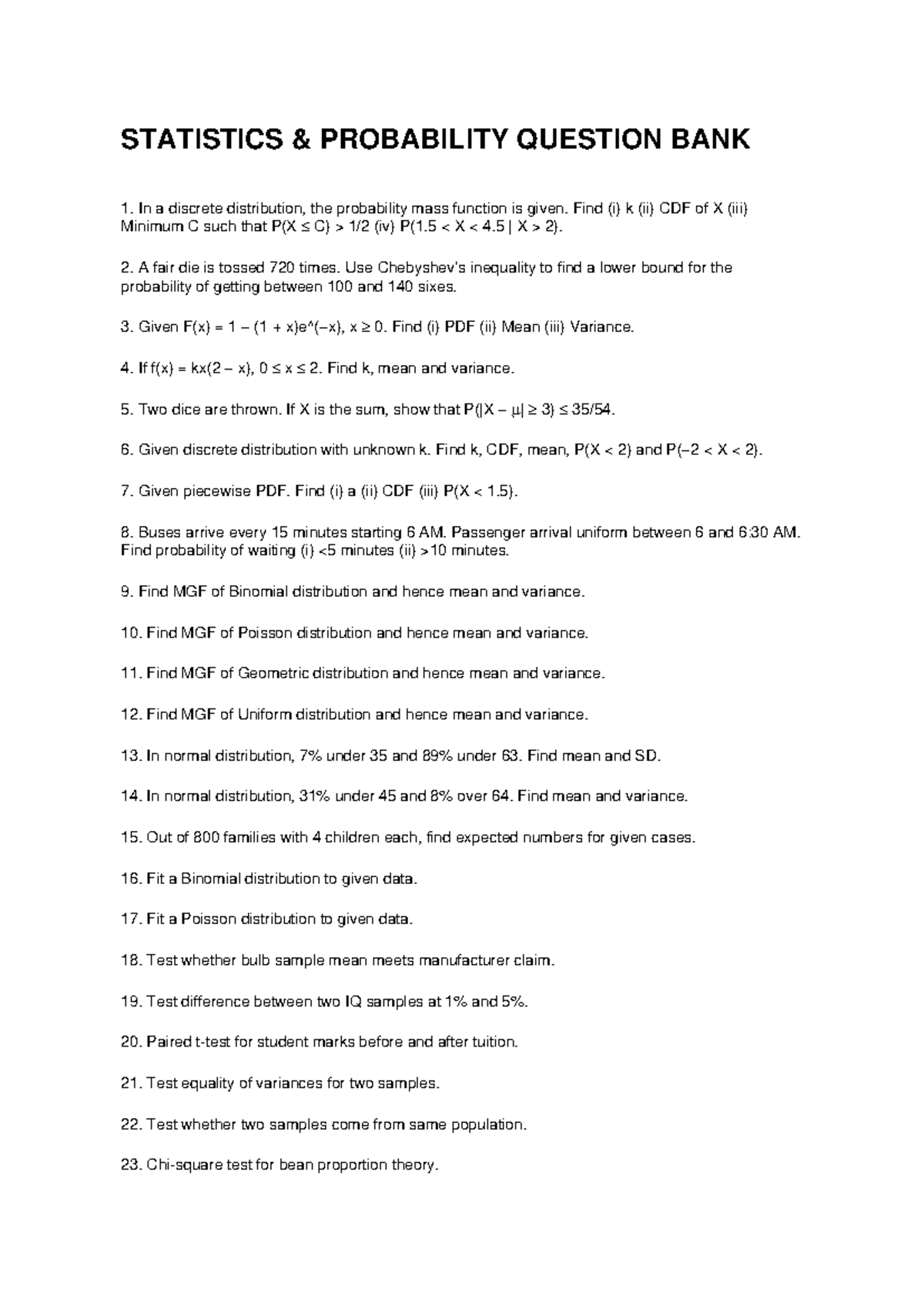 STATISTICS PROBABILITY QUESTION BANK (STAT 101) - Studocu