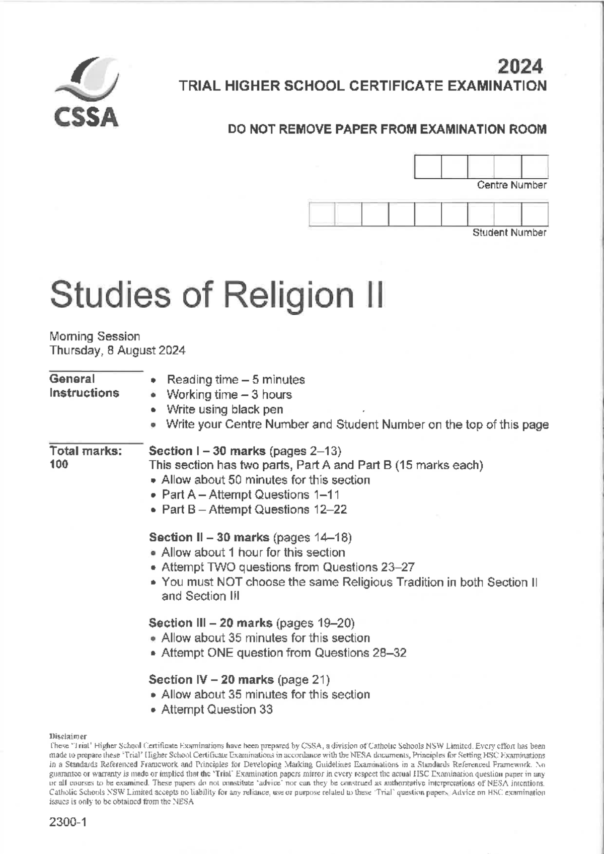 2024 CSSA Trial Examination Paper for Studies of Religion II - Studocu