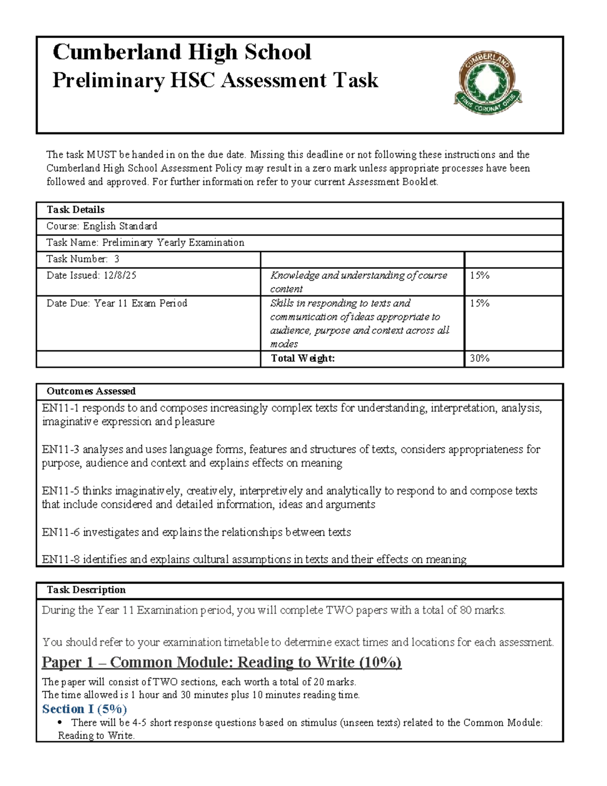 Year 11 English Standard Preliminary Exam Task 3 Notification - Studocu