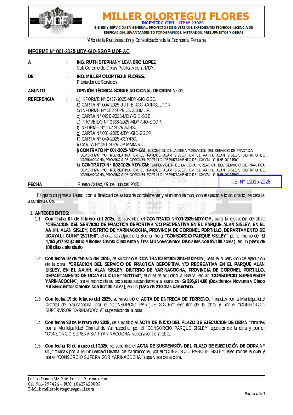 Informe N° 001-2025-MOF: Aprobación Adicional de Obra - Parque Alan Sisley - Document Preview