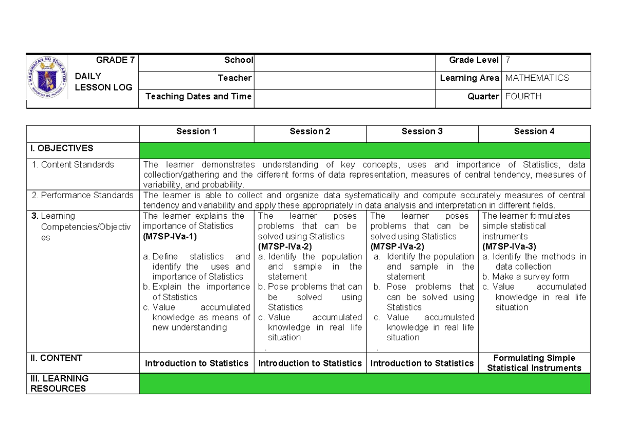 Grade 7 Math Lesson Log: Introduction to Statistics (G7Q4DLL) - Studocu