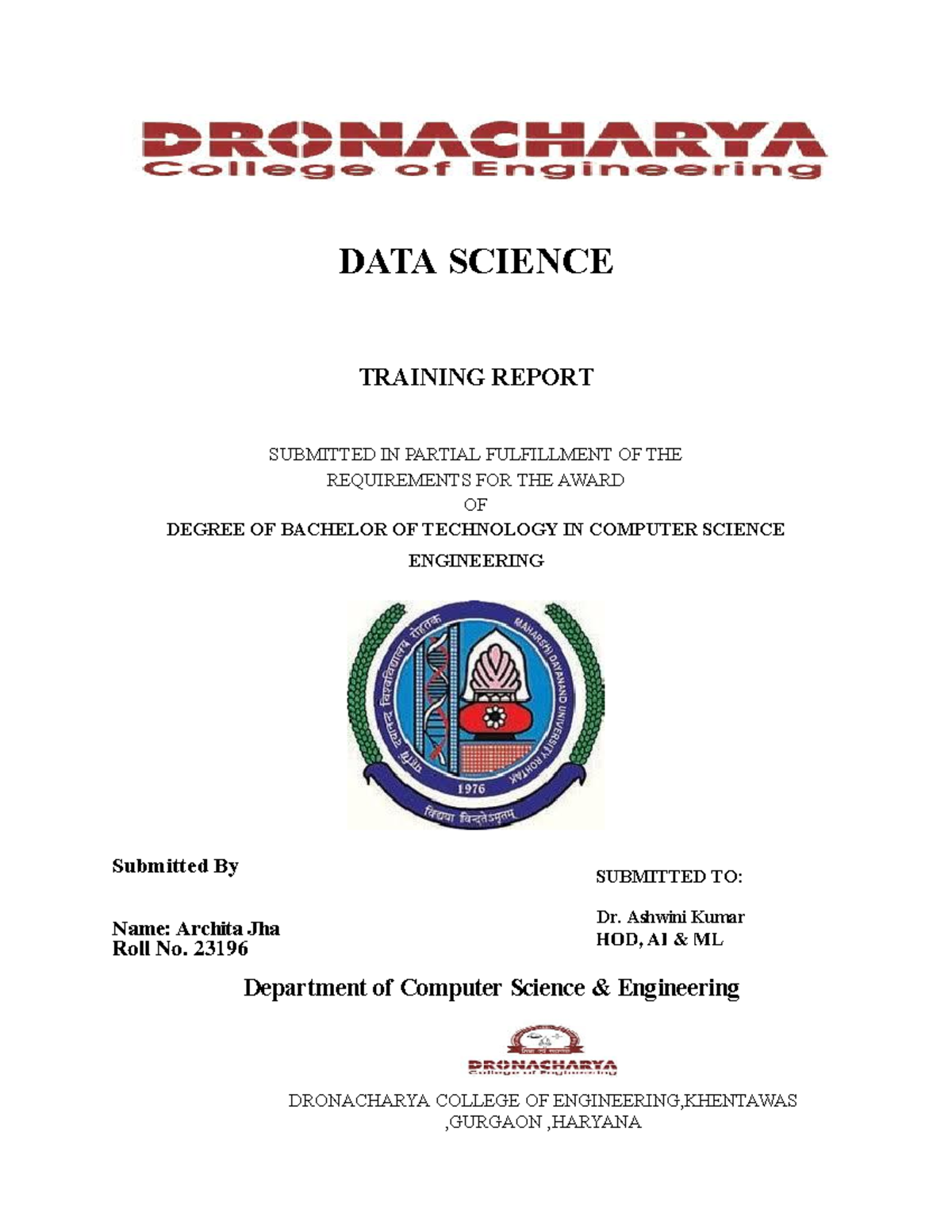 Data Science Training Report - B.Tech CSE (AI & ML) - Studocu