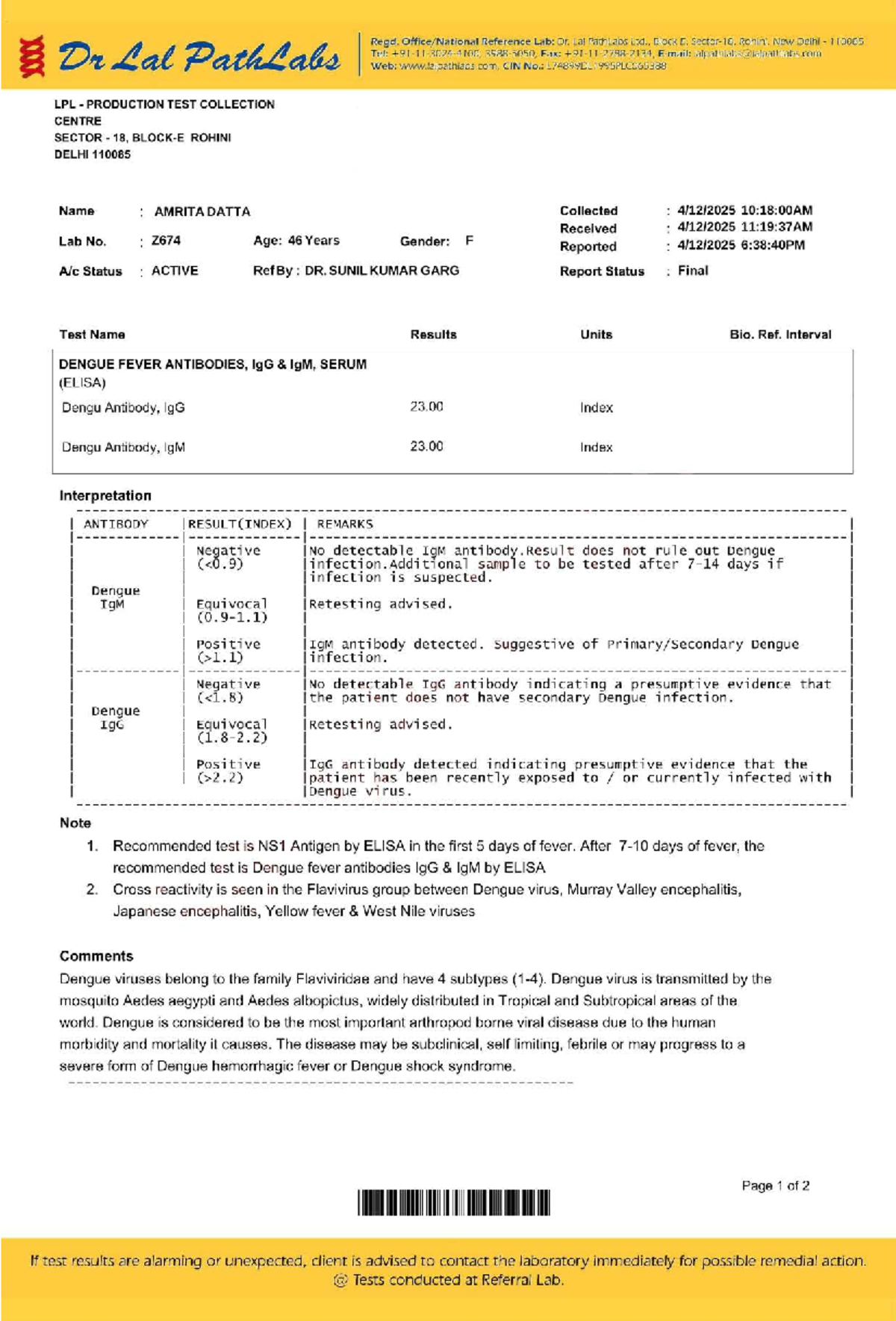 Dengue Fever Test Report - Dr. Lal PathLabs Ltd. - Studocu