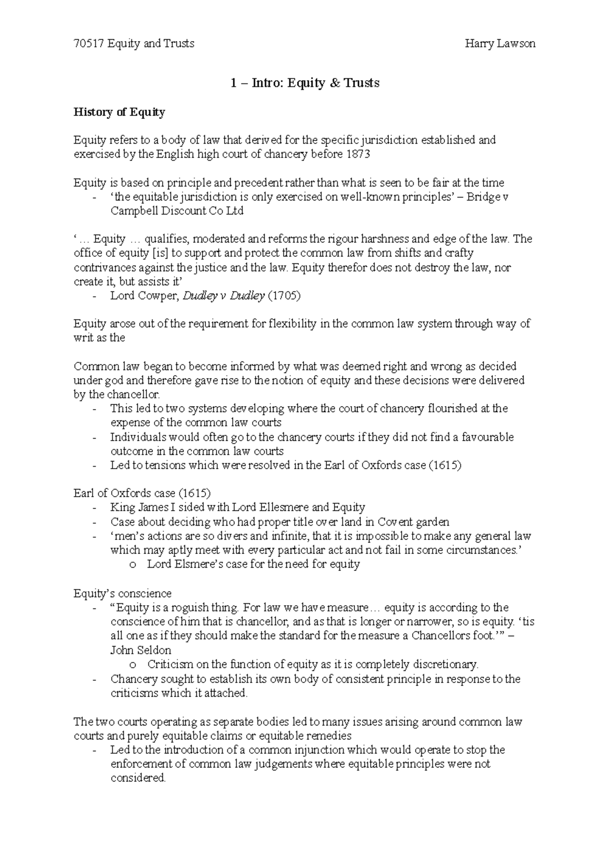 70517 Equity and Trusts Week 1 Lecture Notes: History and Principles ...