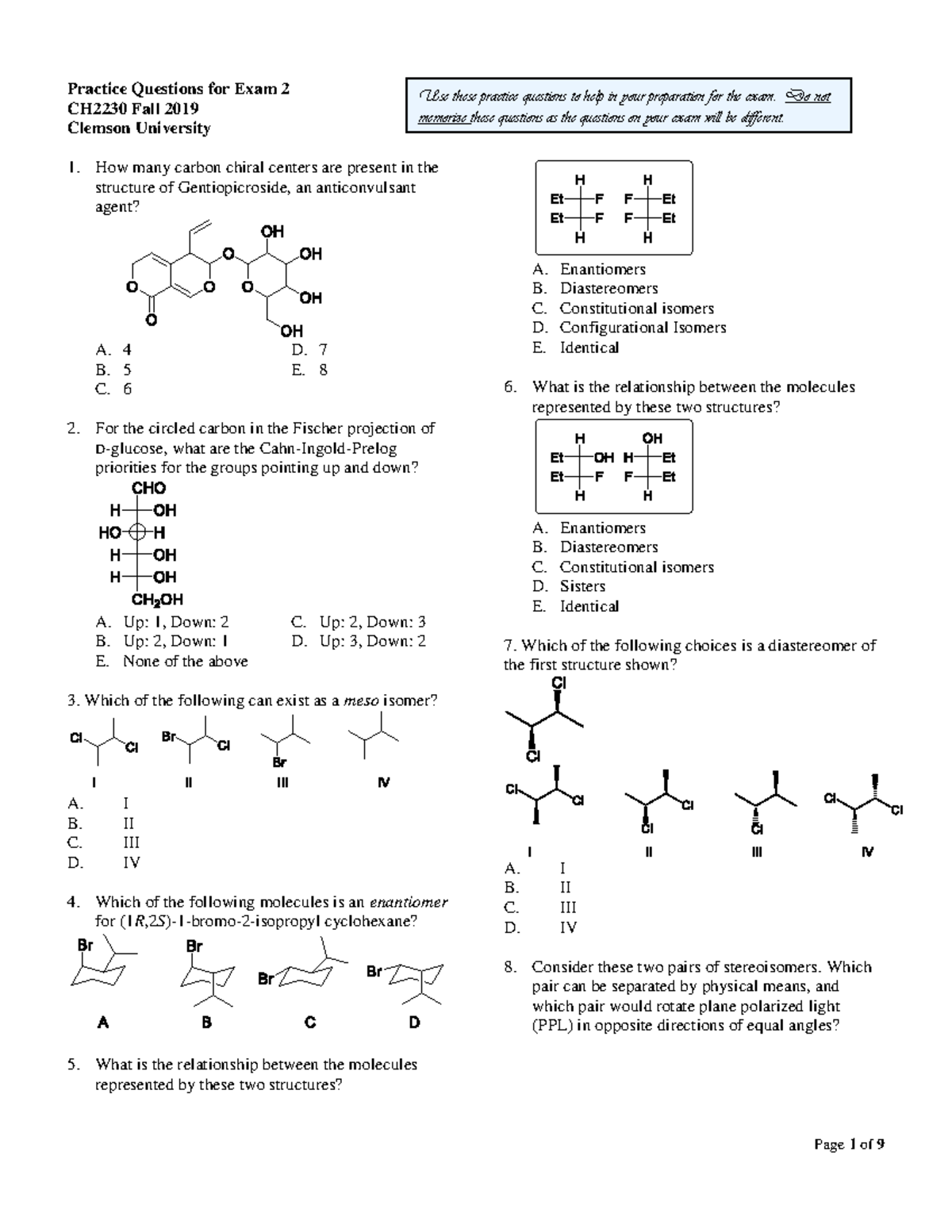 CH2230 Exam 2 Fall 2019 Practice Questions Set - Studocu