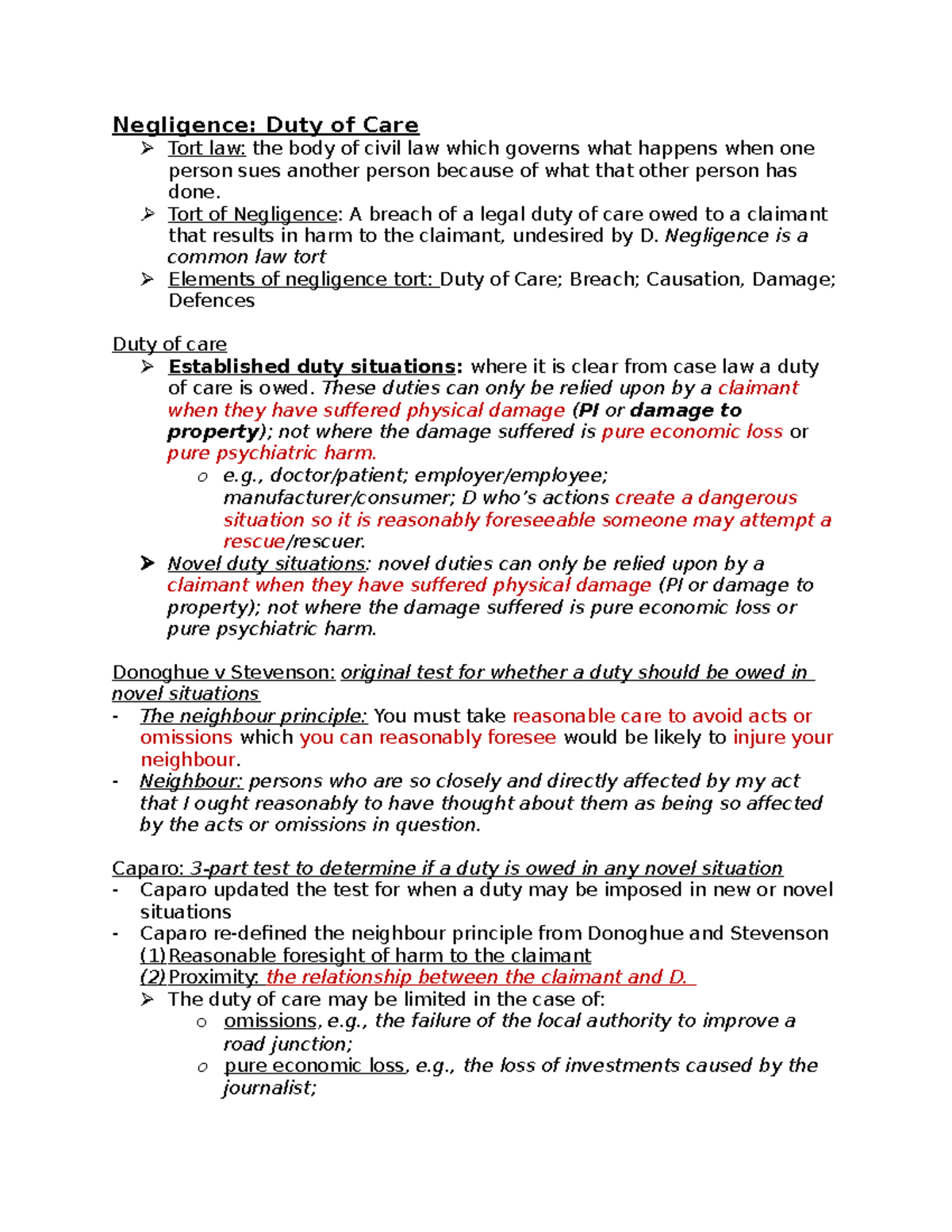 SQE - FLK 1 - Tort Law: Negligence and Duty of Care Notes - Studocu