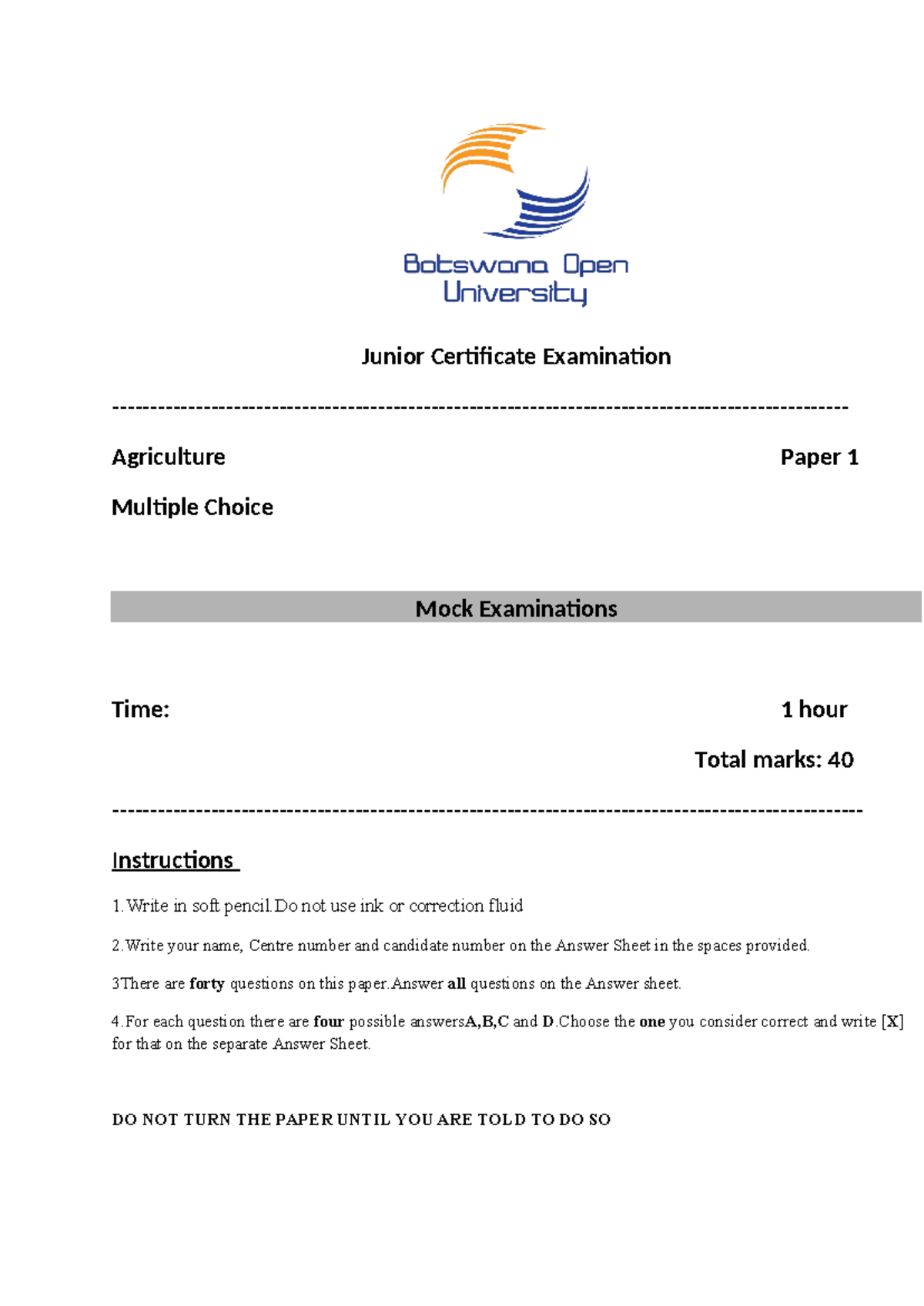 Agriculture Paper 1 Mock Exam Questions for Junior Certificate - Studocu