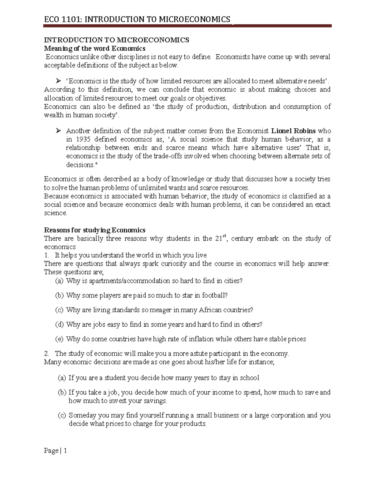 ECO 1101: Key Lecture Notes on Microeconomics Concepts & Principles ...
