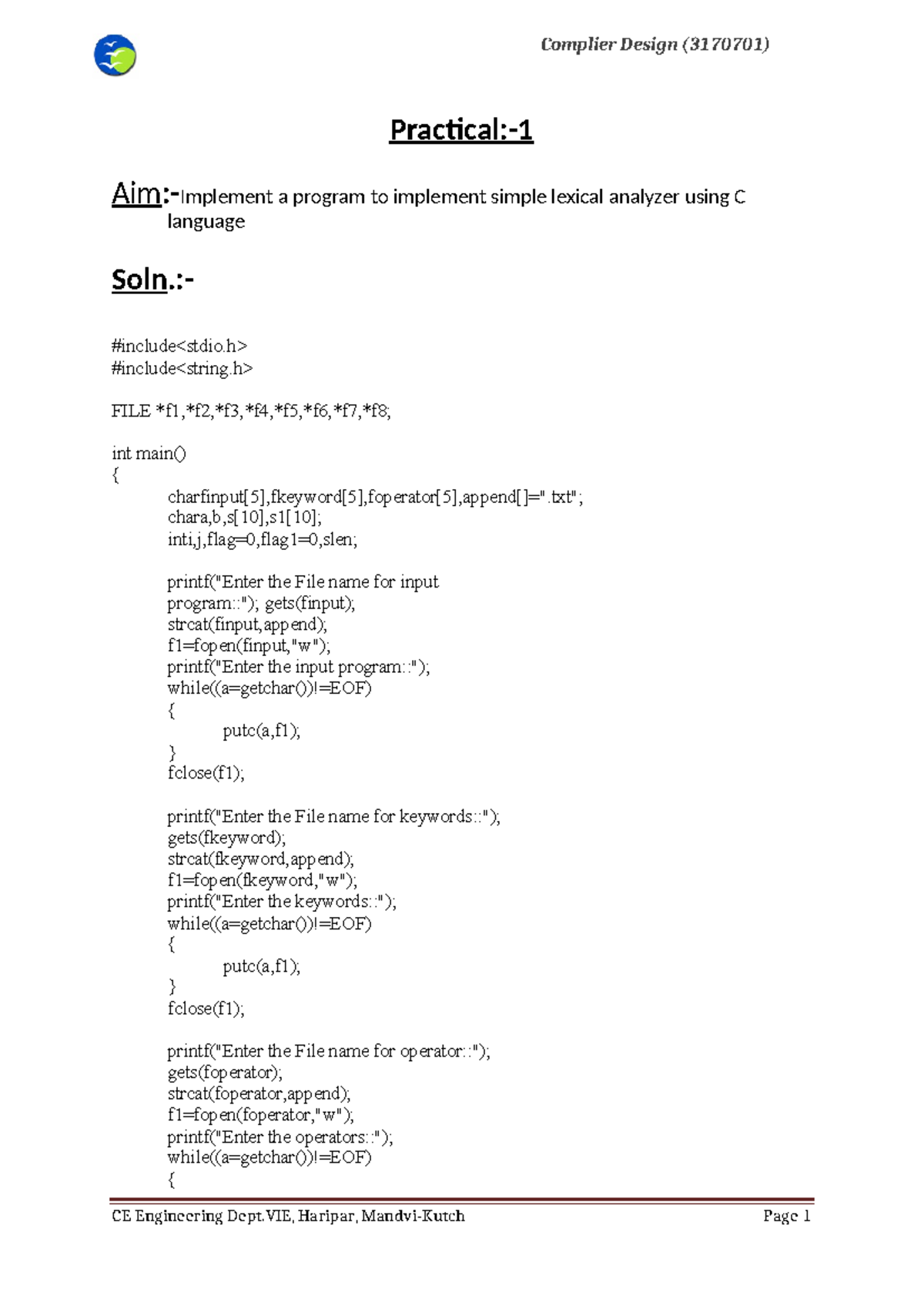 Compiler Design Lab Manual (3170701) - Lexical Analyzer & Parser - Studocu