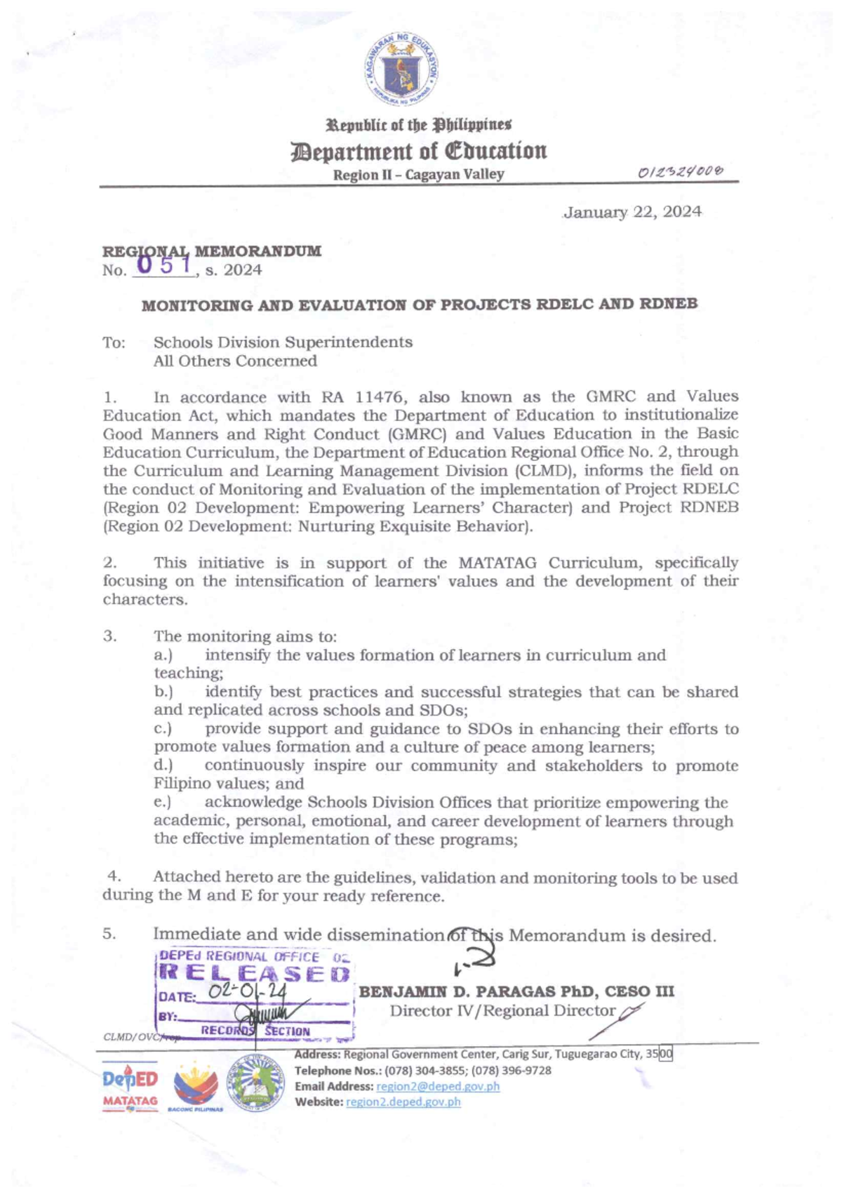 Regional Memorandum No. 051 S. 2024: Monitoring Projects RDELC & RDNEB ...