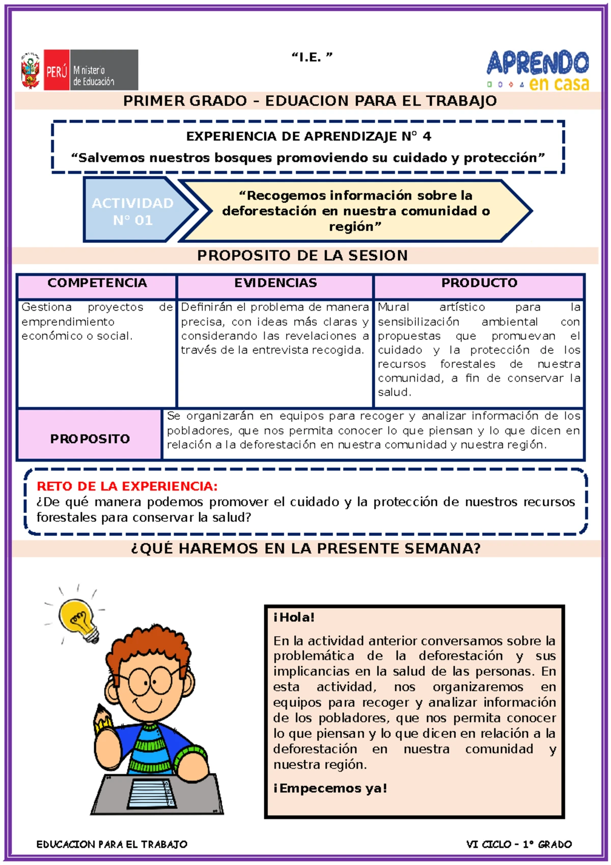 EPT 1° - EDA 4 Sesión DE EPT N° 1 - “I. “ SESIÓN DE APRENDIZAJE 1 ...