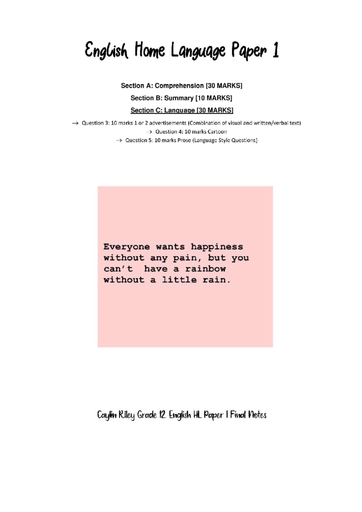Grade 12 English HL Paper 1 Final Notes: Comprehension & Language - Studocu