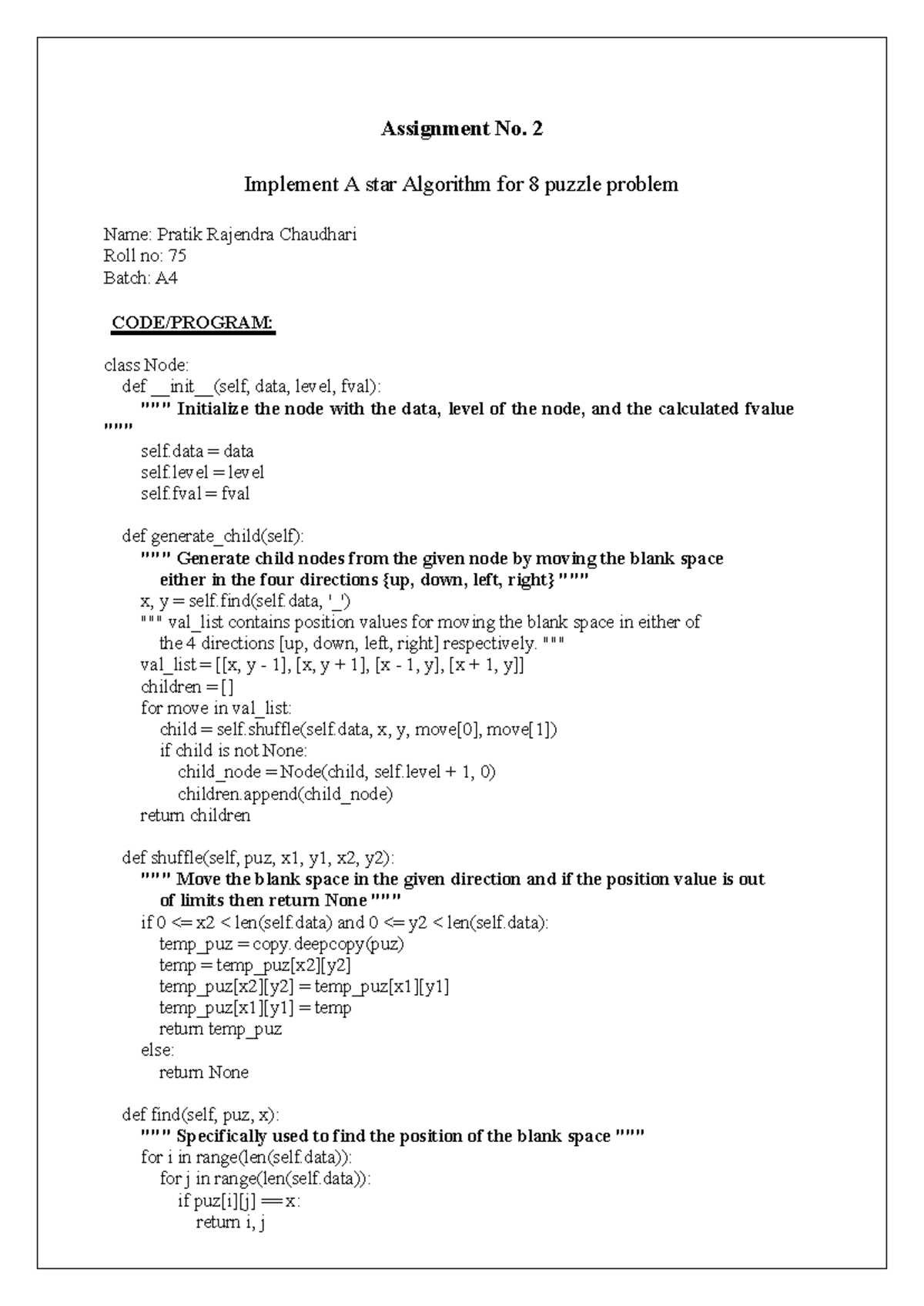 Assignment no-2 - dds - Assignment No. 2 Implement A star Algorithm for ...