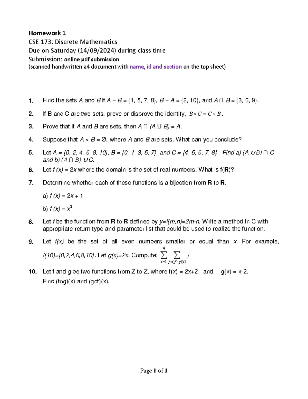 CSE 173 - Homework 1: Set Functions Assignment - Studocu