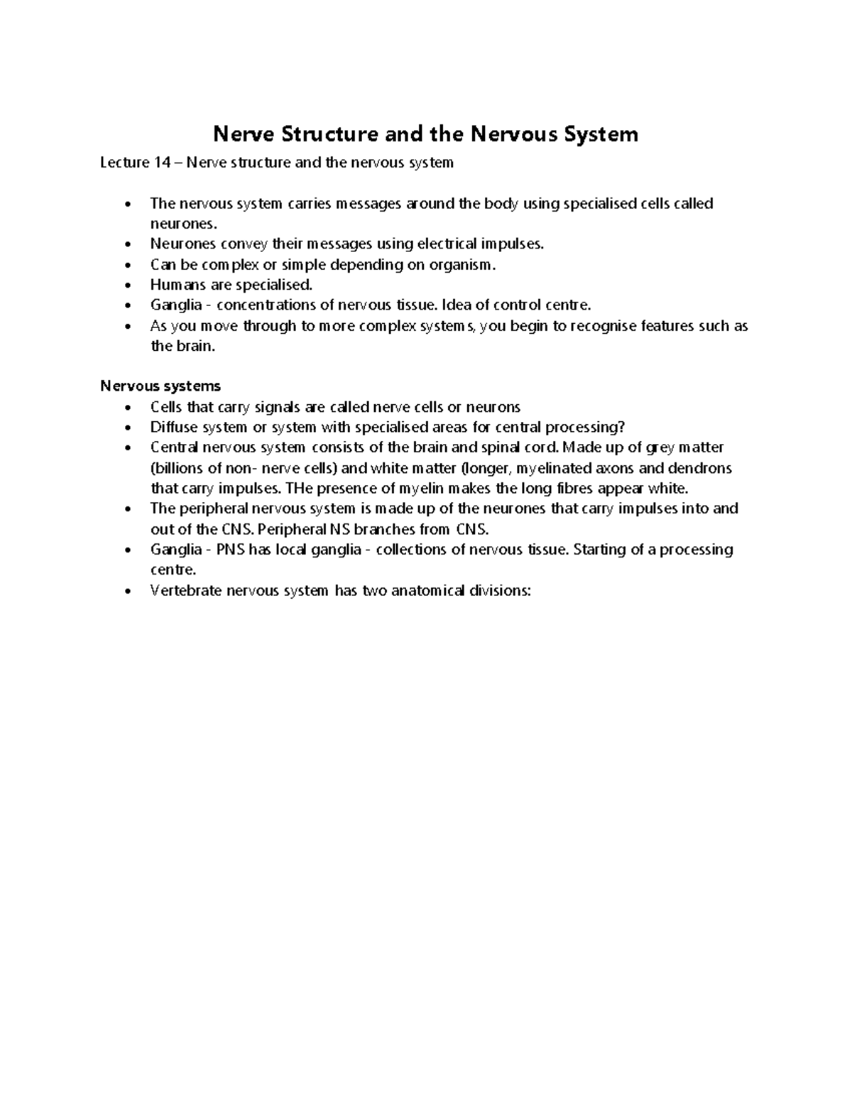 Lecture 14 Nervous System - Nerve Structure and the Nervous System ...