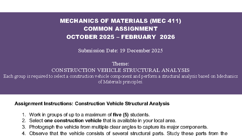 MEC 411: Common Assignment on Construction Vehicle Structural Analysis ...