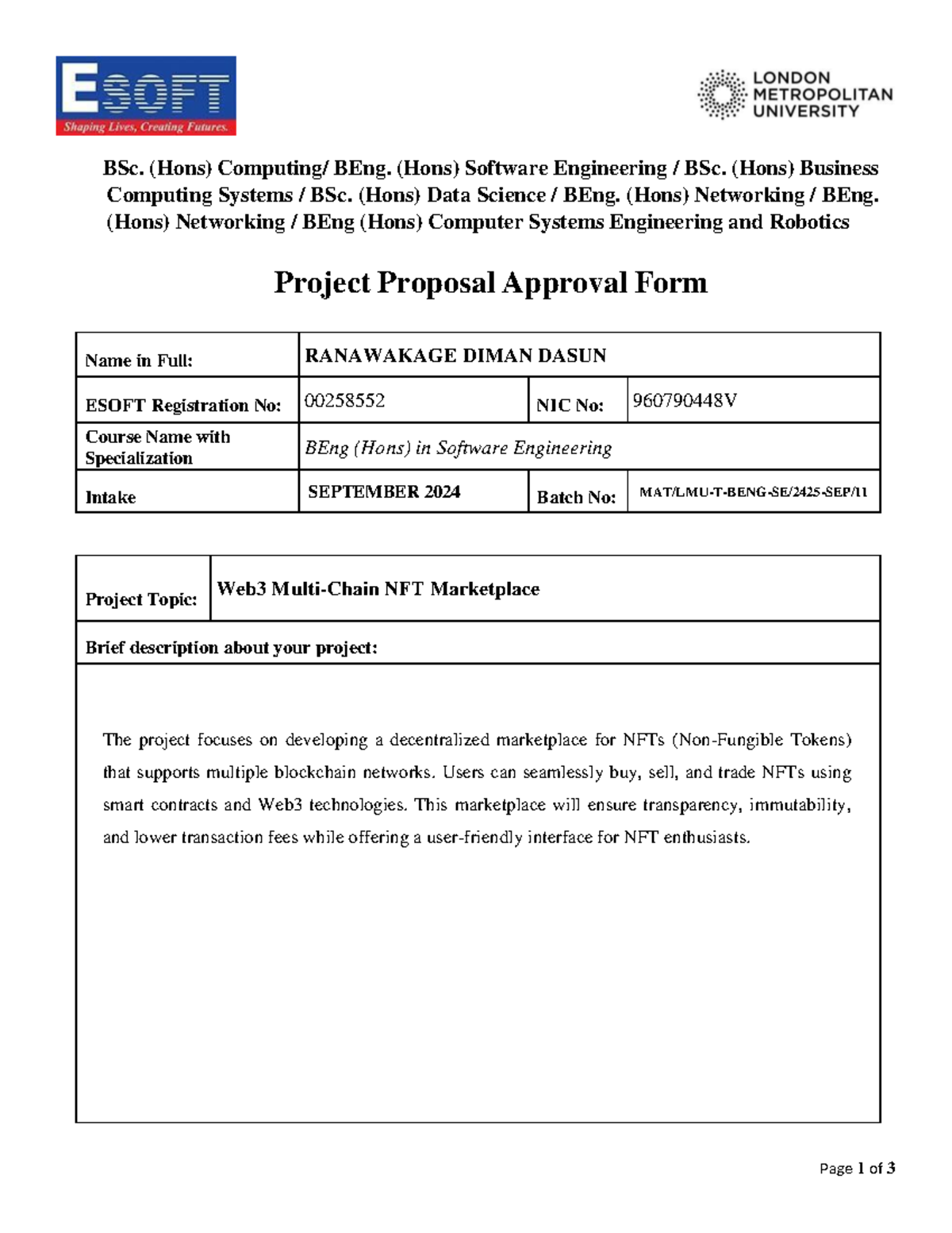 BEng (Hons) Software Engineering - Final Project Topic Approval Form ...