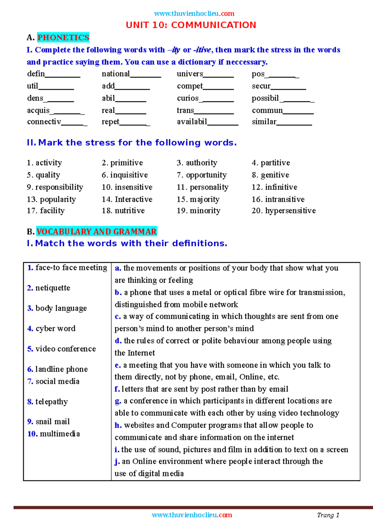 Bài tập Anh 8 - Unit 10: Communication Practice and Test - Studocu