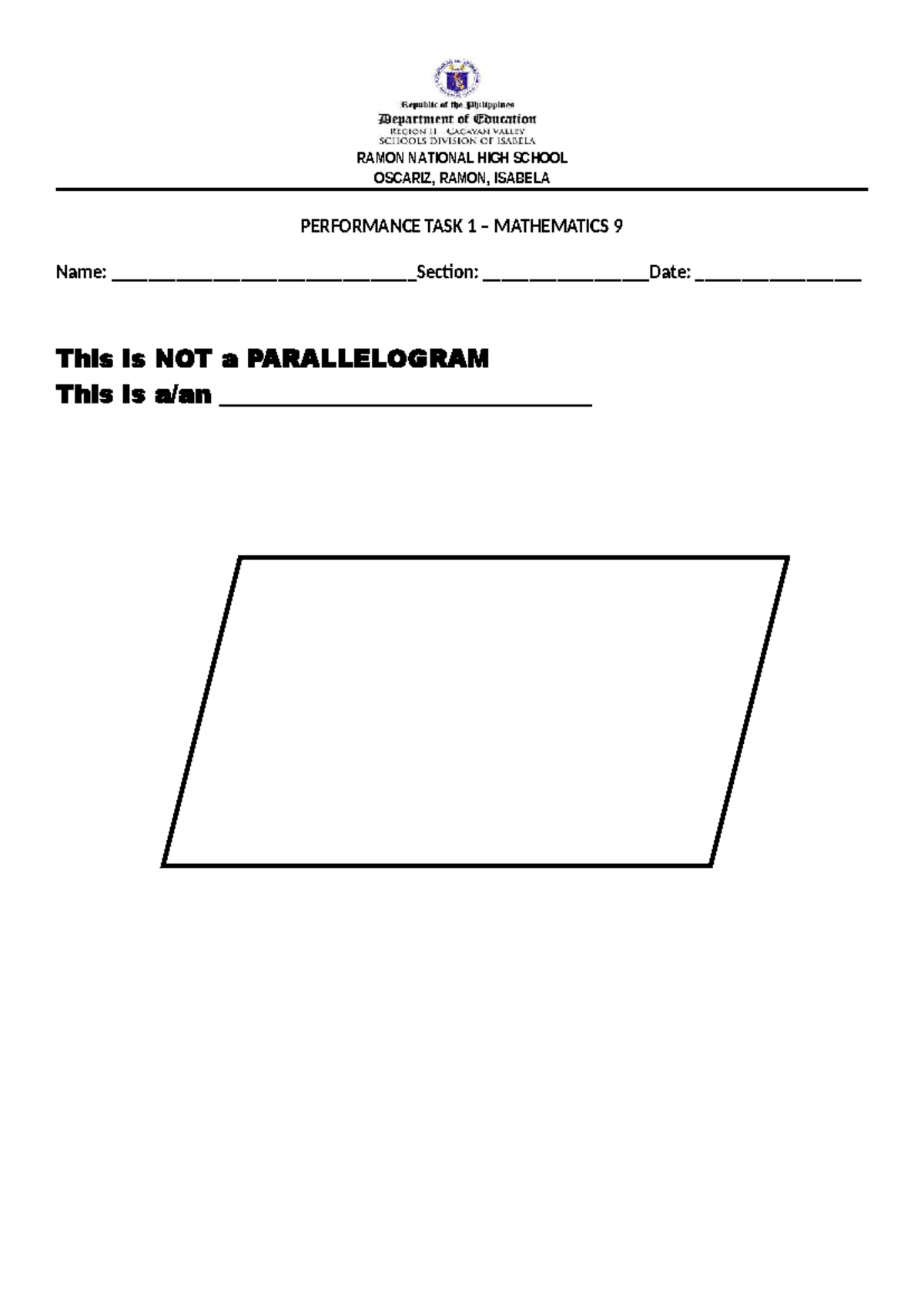 3rd Q PTask Math 9 - Performance Task given to the learners ...
