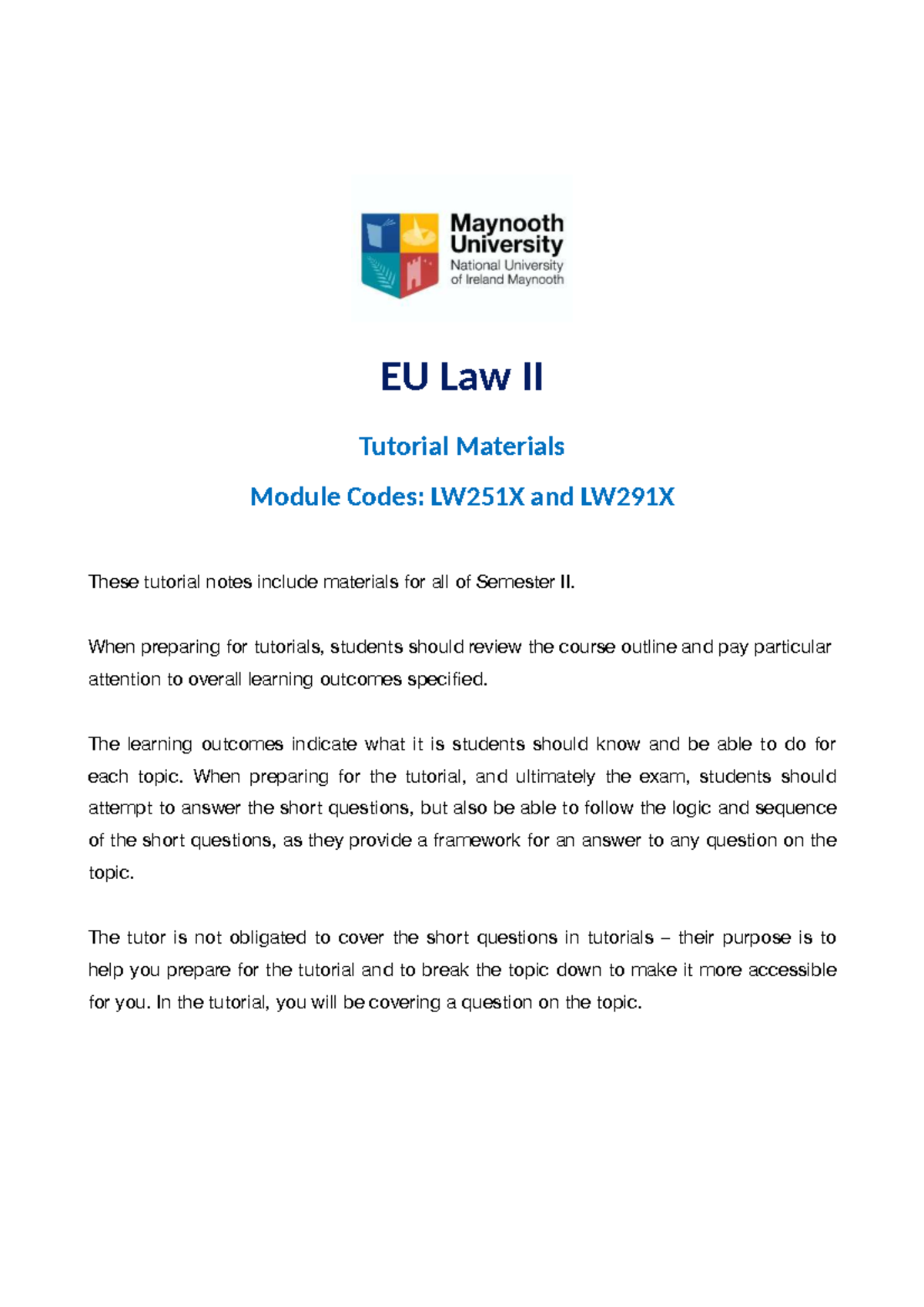 EU Law II Tutorial Materials - LW251X & LW291X - Studocu