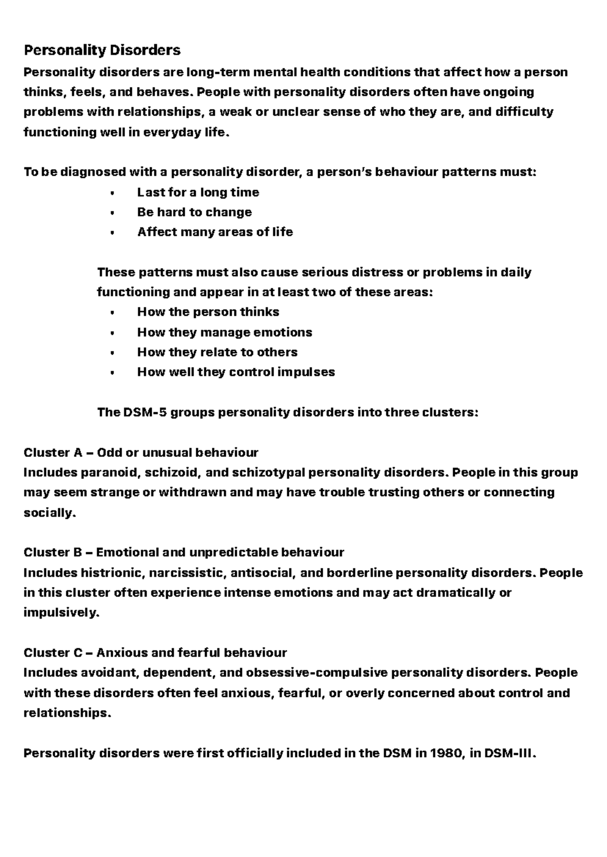 Personality Disorders Overview: Types, Symptoms, and Diagnosis - Studocu