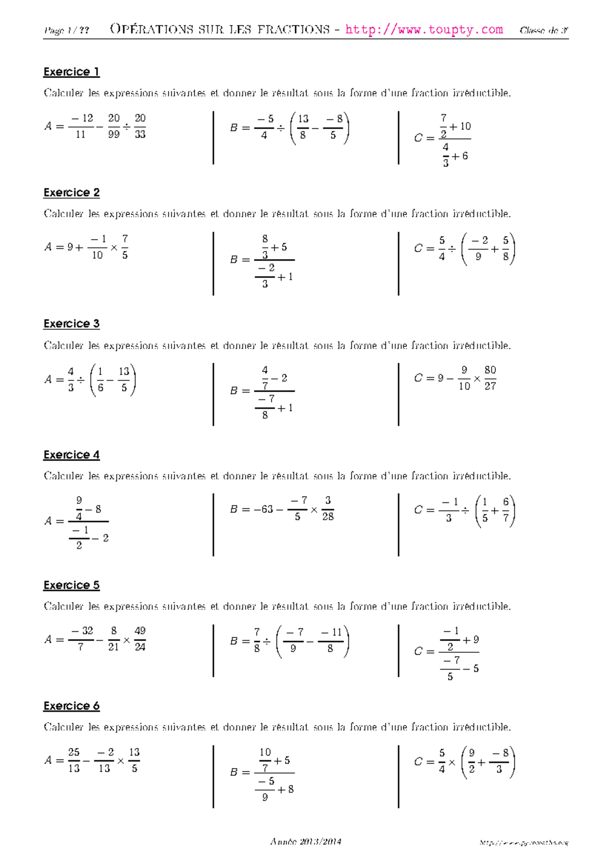 Fraction 1 Exercices Page 1 Op rations Sur Les Fra Tions 