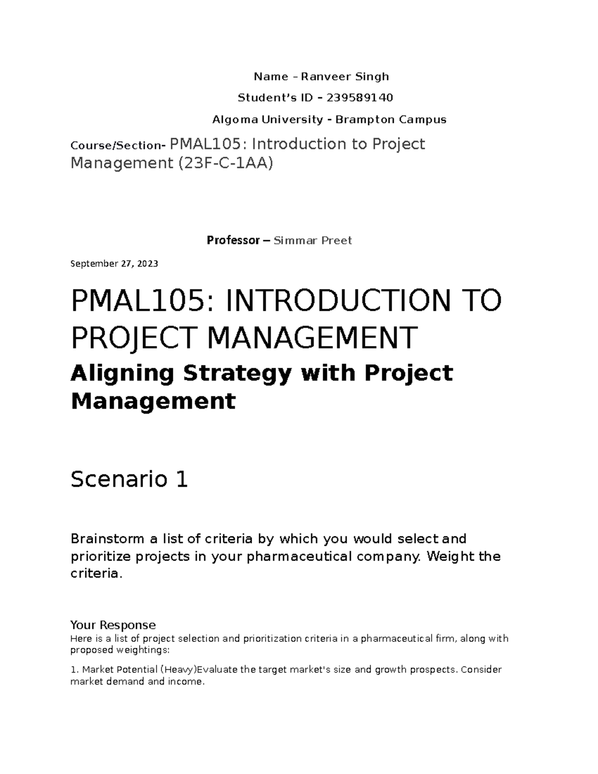 PMAL105: Project Criteria Selection & Prioritization in Pharma - Studocu