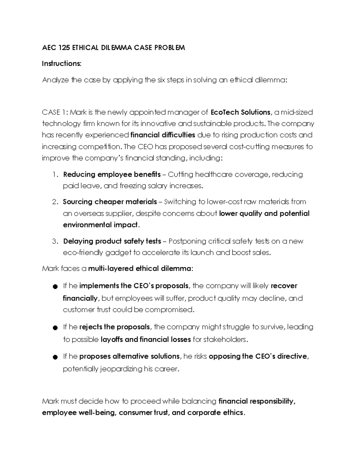 AEC 125 Ethical Dilemma CASE Problem - AEC 125 ETHICAL DILEMMA CASE ...