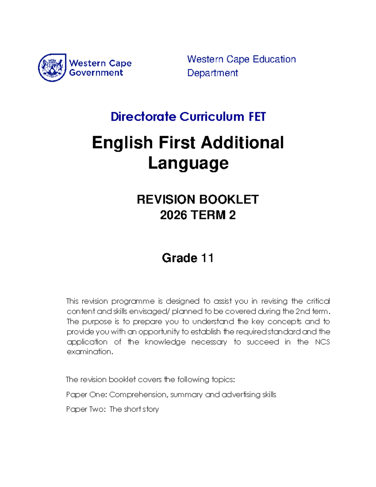 English FAL Grade 11 Revision Booklet for Term 2 2026 - Studocu