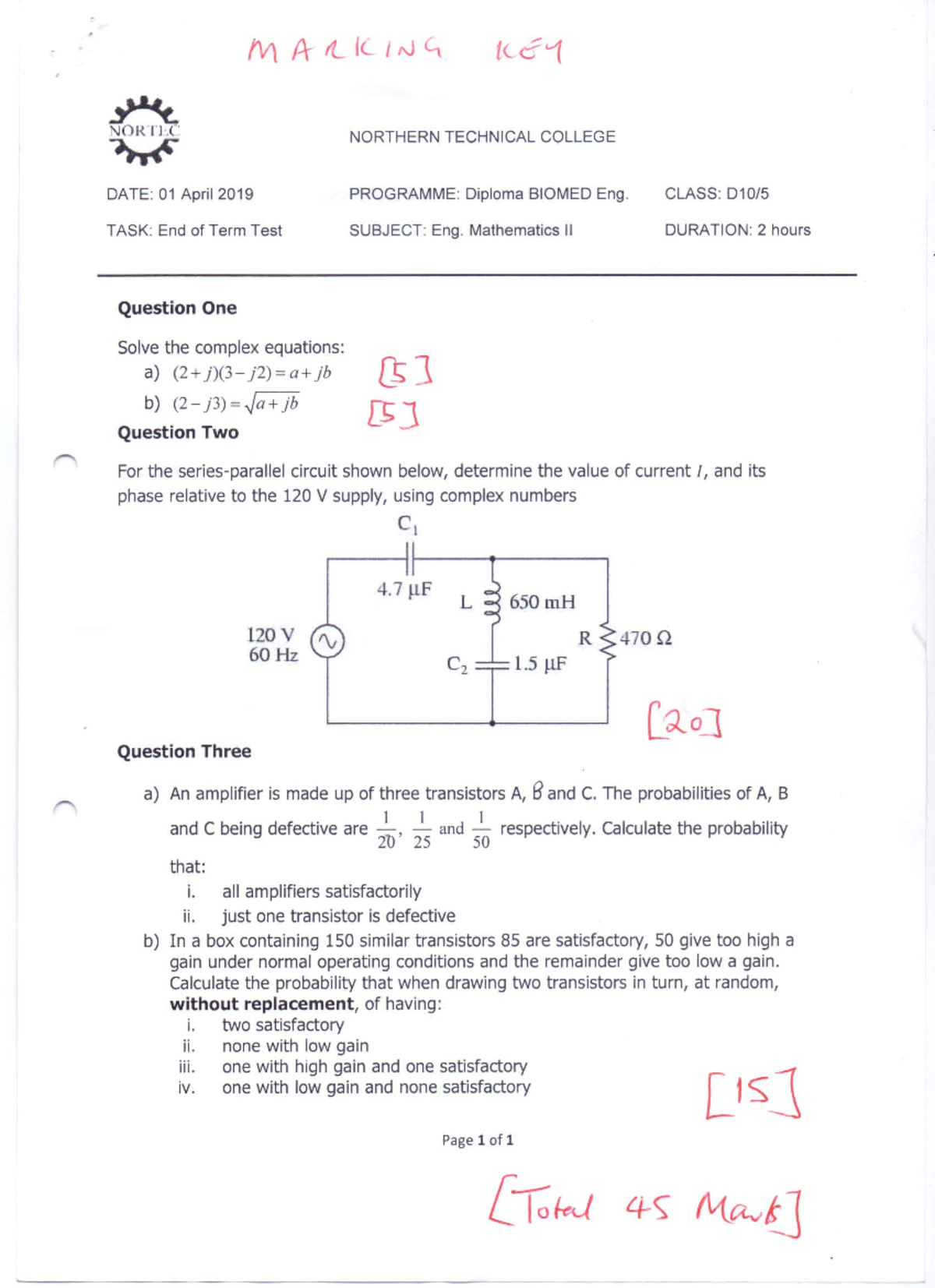 End of Term Mathematics Test 01-04-19 Biomed Level II Marking KEY ...