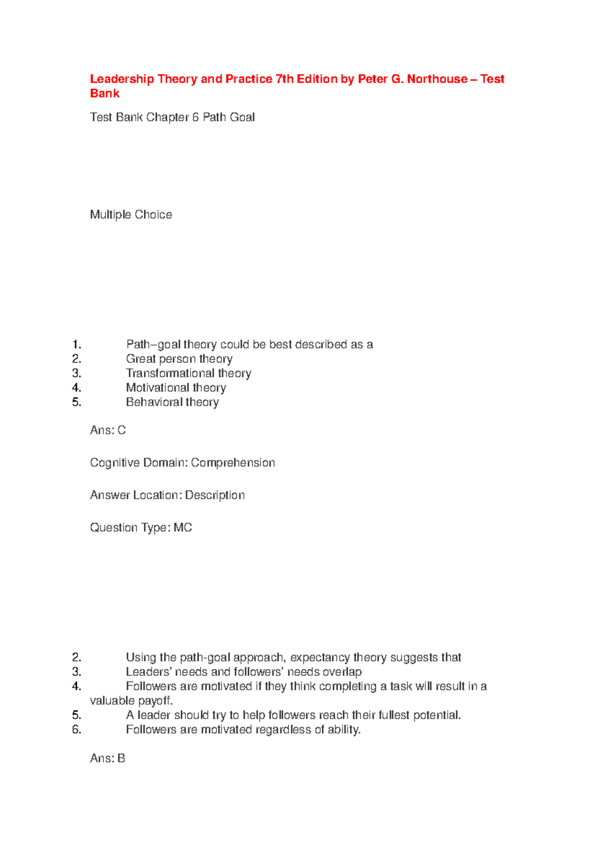 Leadership Theory and Practice (7th Ed) - Path Goal Test Bank - Studocu