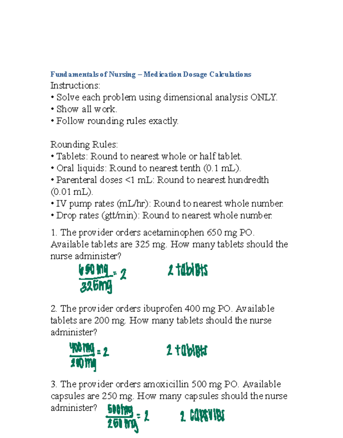 Fundamentals of Nursing Med Math Practice: 50 Questions - Studocu