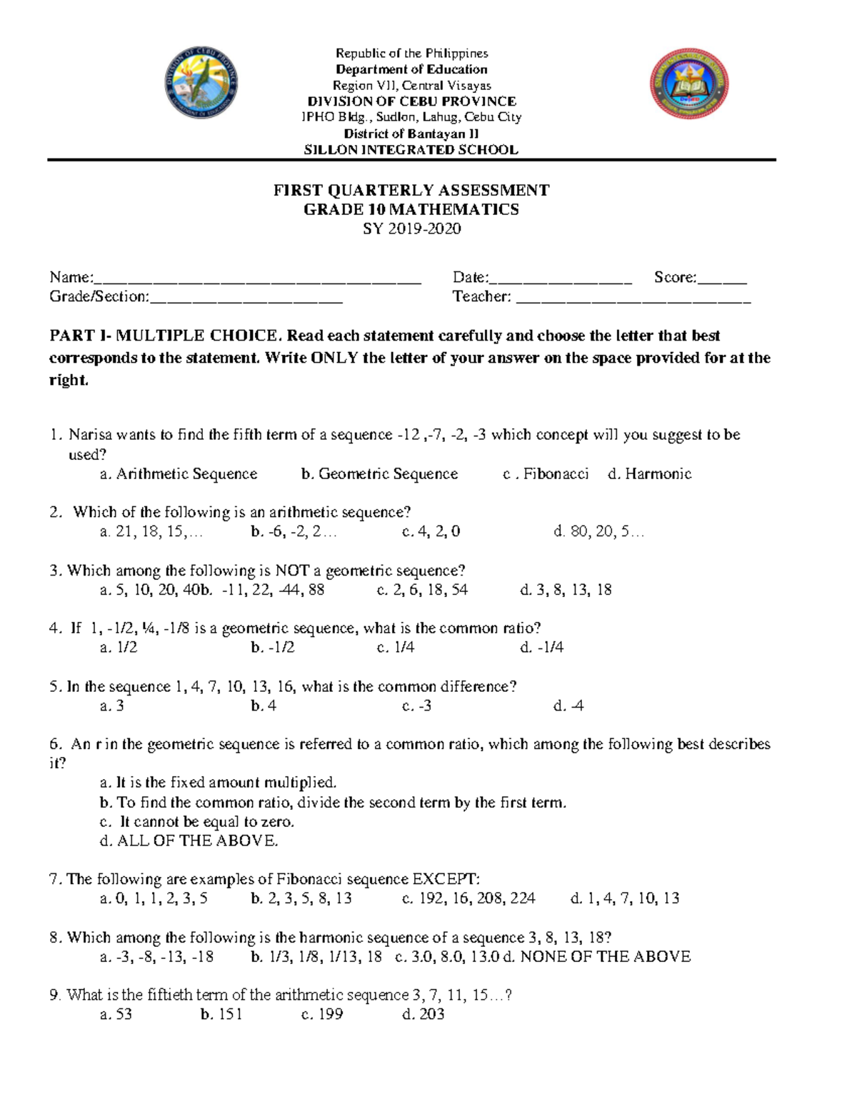 Grade 10 Math 1st Quarter Exam (420690230) - Multiple Choice Questions ...