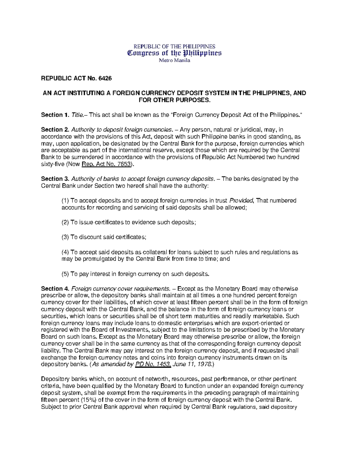 Republic Act No. 6426: Foreign Currency Deposit System Overview - Studocu