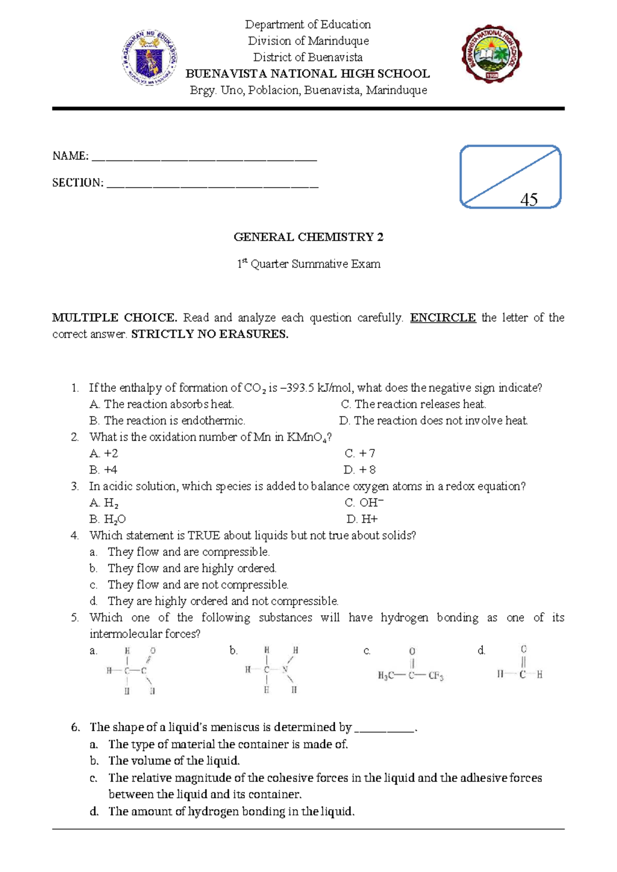 Gen Chem 2 1st Quarter Periodical Exam Questions and Answers - Studocu